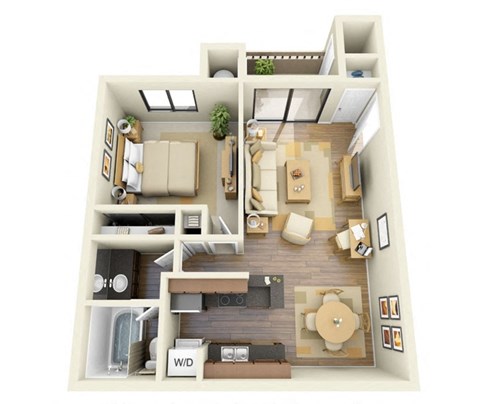 Floor plan for 1 bed, 1 bath, 687 sqft